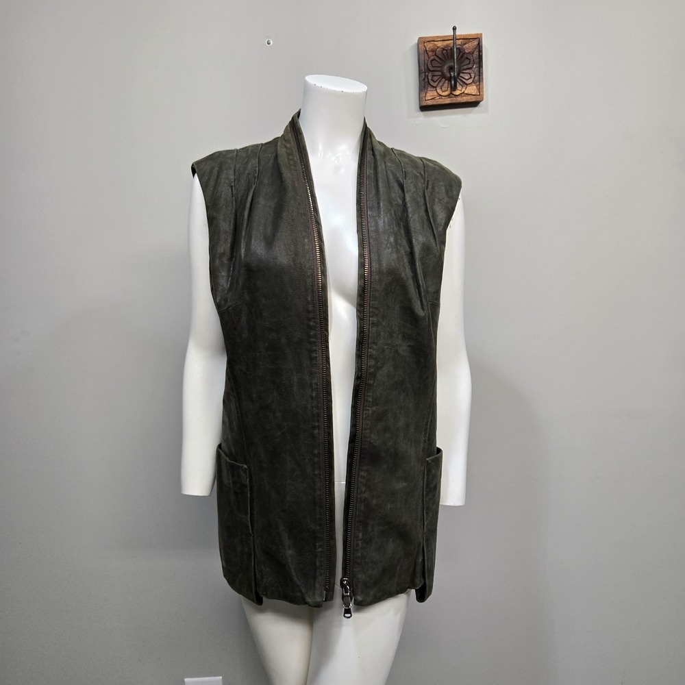 Italian Leather Vest IT 46 US 10 Olive Green Moto Avant Garde Cyberpunk Artsy